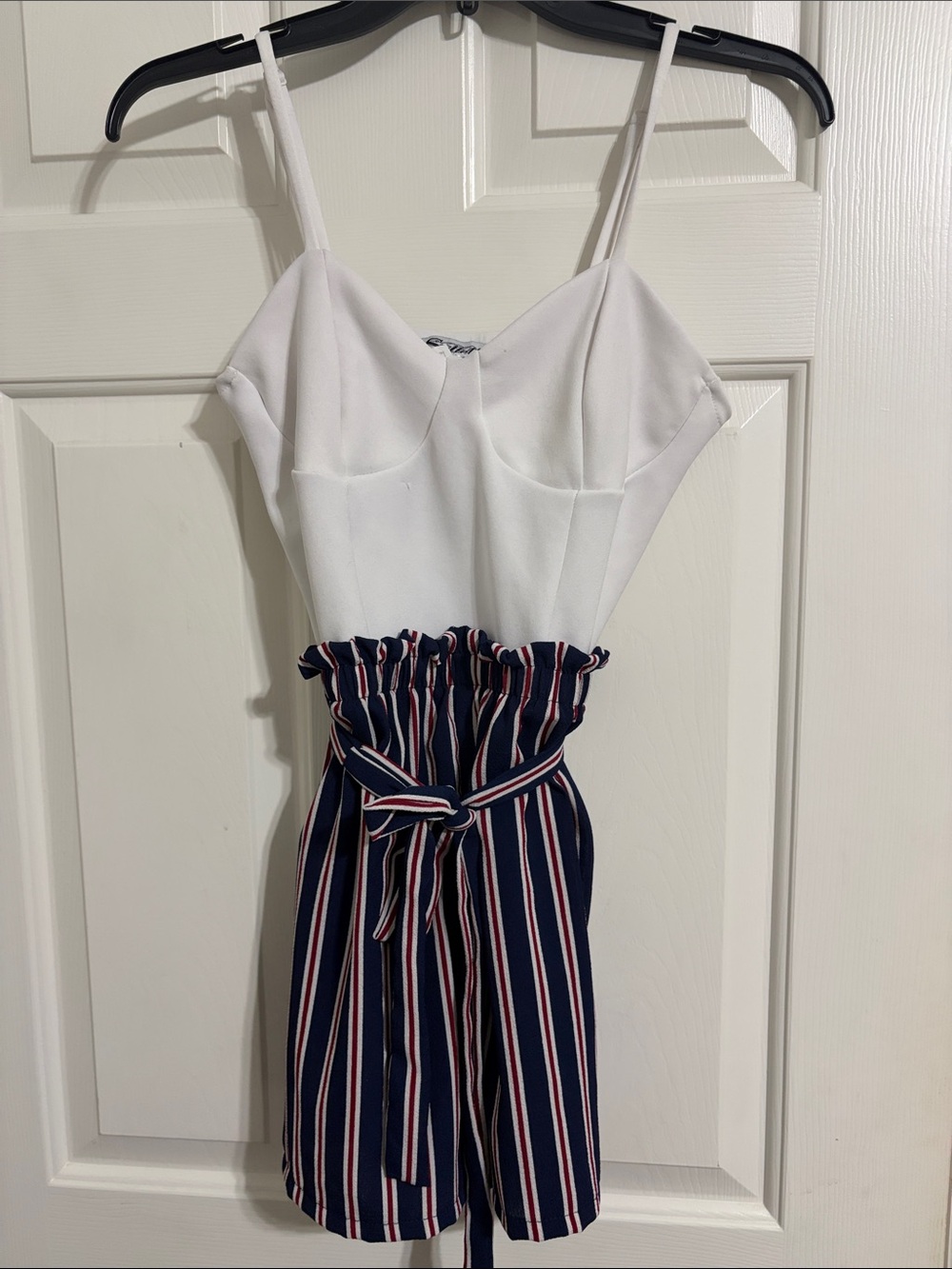 Stilettos White Camisole Romper with Navy Red Stripe Paperbag Shorts Patriotic
